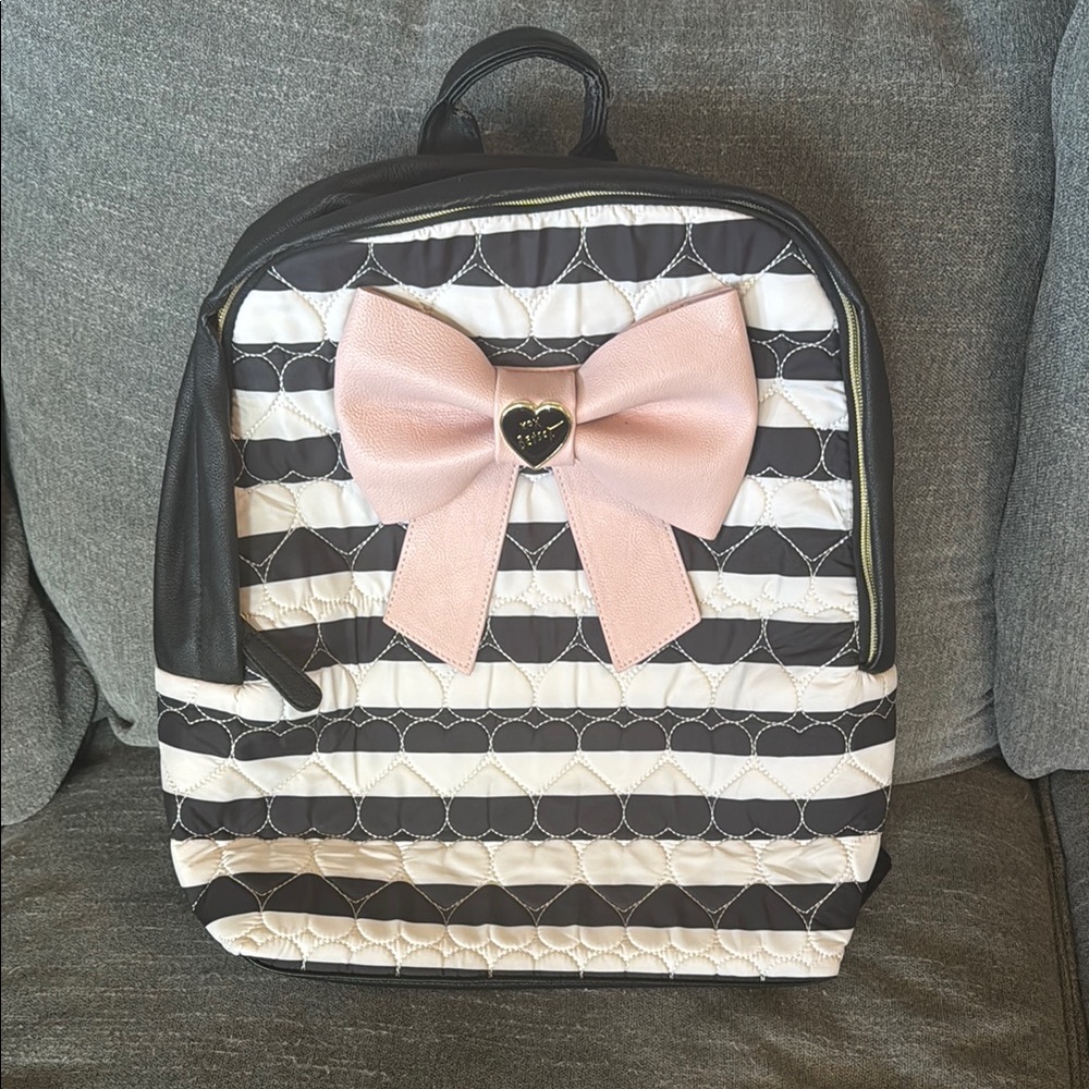 Betsey Johnson Quilted Striped Backpack with Pink Bow